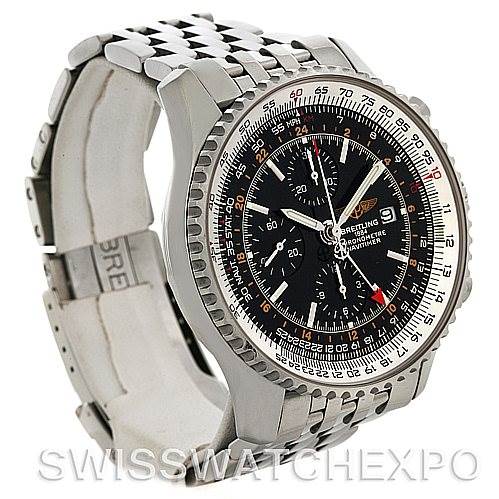 The image shows a Breitling Navitimer A24322 Men
s Stainless Steel Black Dial A24322 Men
s Stainless Steel Black Dial watch at a three-quarter angle, highlighting the bezel, dial, and metal bracelet.