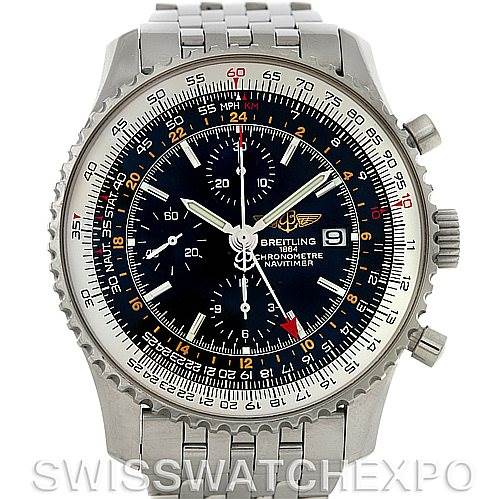 The image shows a front view of a Breitling Navitimer A24322 Men
s Stainless Steel Black Dial A24322 Men
s Stainless Steel Black Dial watch, highlighting its dial, bezel, and bracelet.