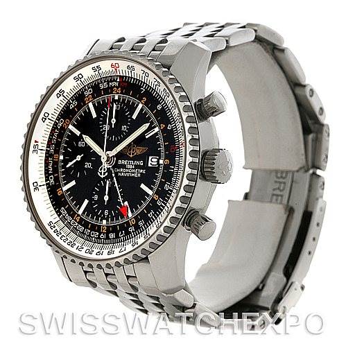 This image shows a side angle of the Breitling Navitimer A24322 Men
s Stainless Steel Black Dial A24322 Men
s Stainless Steel Black Dial watch, displaying the bezel, crown, chronograph pushers, and bracelet.