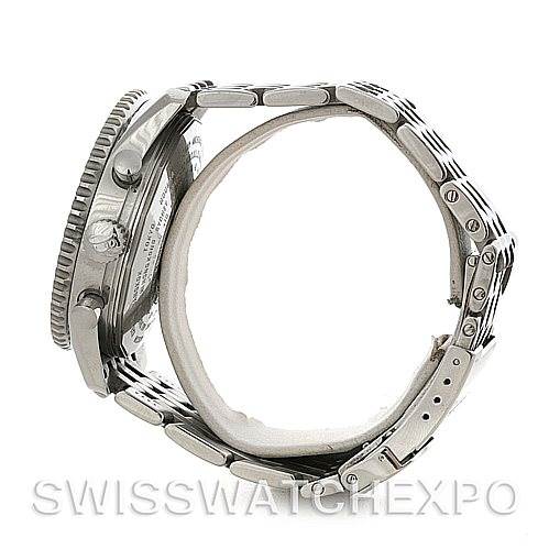 This is a side view of a Breitling Navitimer A24322 Men
s Stainless Steel Black Dial A24322 Men
s Stainless Steel Black Dial watch showcasing its bezel, crown, pushers, and metal bracelet.