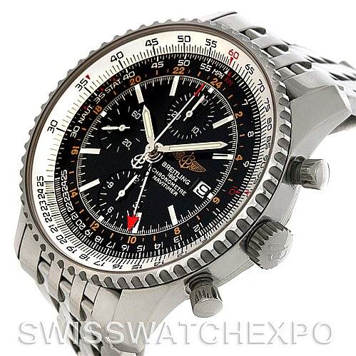 The image shows a Breitling Navitimer A24322 Men
s Stainless Steel Black Dial A24322 Men
s Stainless Steel Black Dial watch at a slight side angle, highlighting its bezel, crown, pushers, and intricate dial.