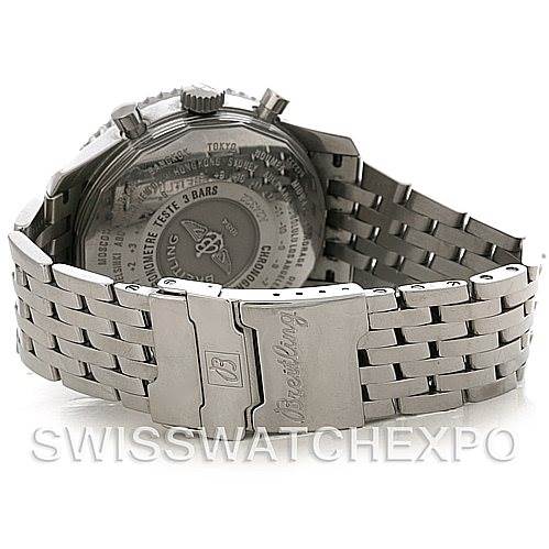 This image shows the back case and metal bracelet of the Breitling Navitimer A24322 Men
s Stainless Steel Black Dial A24322 Men
s Stainless Steel Black Dial watch from a rear angle.