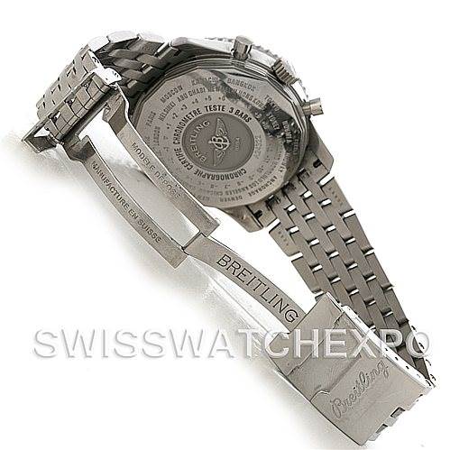 The image shows the back and clasp of a Breitling Navitimer A24322 Men
s Stainless Steel Black Dial A24322 Men
s Stainless Steel Black Dial watch, featuring a detailed case back and stainless steel bracelet.