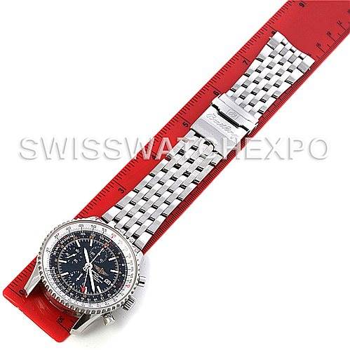 The image shows a Breitling Navitimer A24322 Men
s Stainless Steel Black Dial A24322 Men
s Stainless Steel Black Dial watch with a stainless steel bracelet, displayed horizontally on a red ruler.