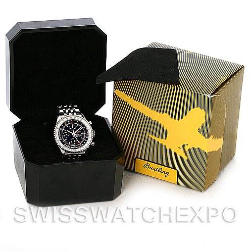 The image shows a Breitling Navitimer A24322 Men
s Stainless Steel Black Dial A24322 Men
s Stainless Steel Black Dial watch in a box, alongside its packaging, viewed from the front.