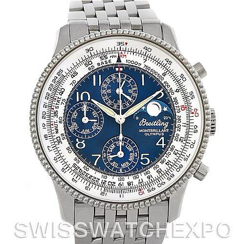 This image shows a front view of a Breitling Navitimer model watch, featuring a blue dial and a stainless steel bracelet.