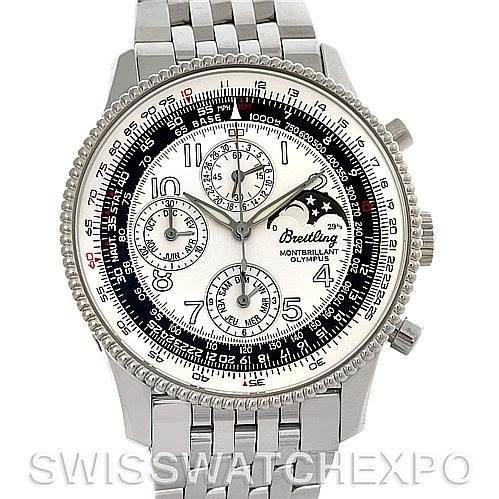 This image shows the Breitling Navitimer watch from a front angle, highlighting its dial, bezel, and stainless steel bracelet.