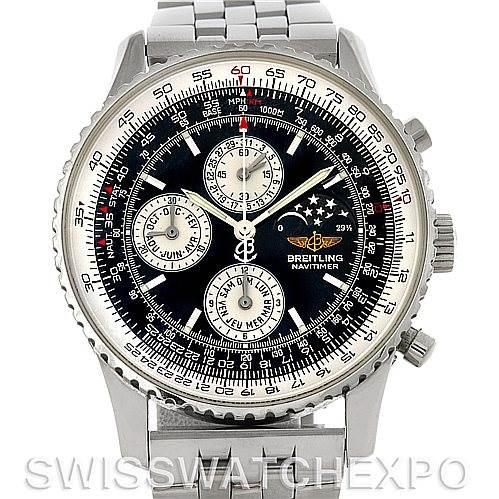The image shows a front view of a Breitling Navitimer A19340 Men's Stainless Steel Black Dial A19340 Men's Stainless Steel Black Dial model watch, displaying its detailed dial and stainless steel bracelet.