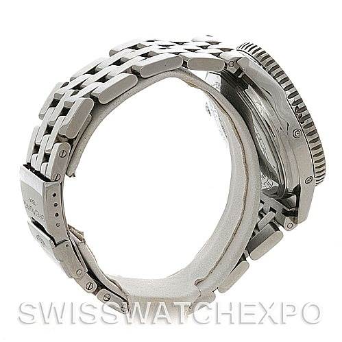 Side view of a Breitling Navitimer A19340 Men's Stainless Steel Black Dial A19340 Men's Stainless Steel Black Dial watch focusing on the bracelet, clasp, and case.