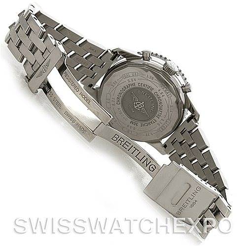 The image shows the back case and partially opened clasp of a Breitling Navitimer A19340 Men's Stainless Steel Black Dial A19340 Men's Stainless Steel Black Dial watch, highlighting the stainless steel bracelet.