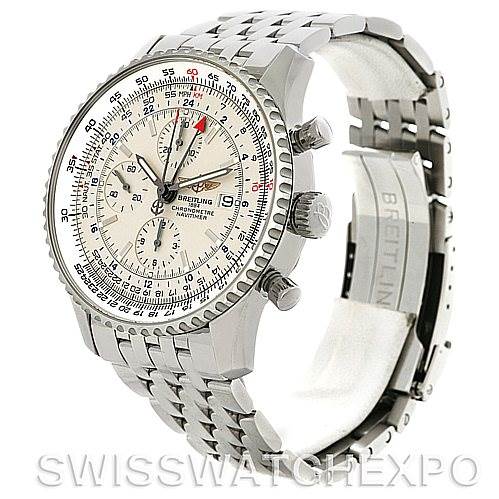 The image shows a three-quarter angle view of a Breitling Navitimer A24322 Men's Stainless Steel White Dial A24322 Men's Stainless Steel White Dial watch, highlighting the bezel, dial, chronograph buttons, and metal bracelet.