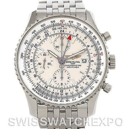 The image shows a front view of a Breitling Navitimer watch, highlighting its stainless steel case, dial, and bracelet.