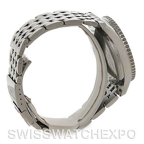 This is a side view of a Breitling Navitimer A24322 Men's Stainless Steel White Dial A24322 Men's Stainless Steel White Dial watch showing the bracelet, clasp, and case depth.