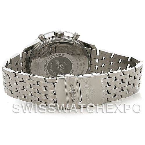 The image shows the back view of a Breitling Navitimer A24322 Men's Stainless Steel White Dial A24322 Men's Stainless Steel White Dial watch, highlighting its stainless steel case back and bracelet.