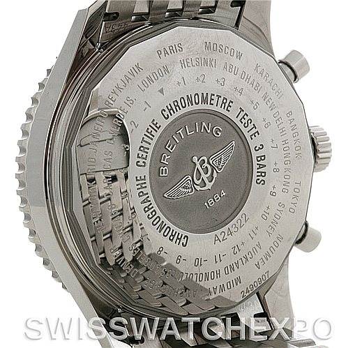 The image shows the back view of a Breitling Navitimer A24322 Men's Stainless Steel White Dial A24322 Men's Stainless Steel White Dial watch, highlighting the engraved case back with various city names and specifications.