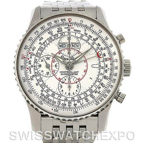 This image shows a front view of a Breitling Navitimer watch, showcasing its detailed dial, bezel, and stainless steel bracelet.