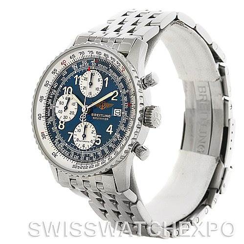 The image shows a Breitling Navitimer A13022 Men's Stainless Steel Blue Dial A13022 Men's Stainless Steel Blue Dial watch at a 3/4 angle, highlighting the dial, bezel, and bracelet.