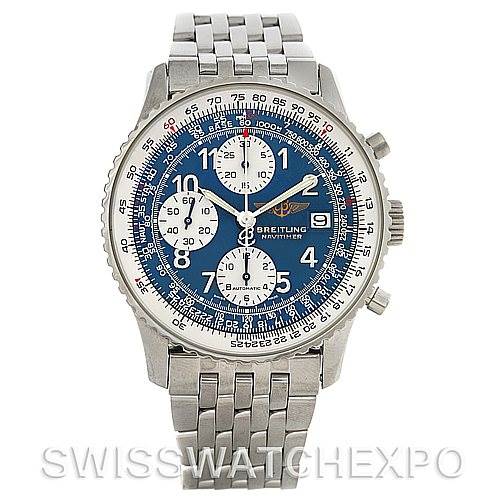 This Breitling Navitimer A13022 Men's Stainless Steel Blue Dial A13022 Men's Stainless Steel Blue Dial watch is shown from the front, displaying its blue dial, bezel, and stainless steel bracelet.
