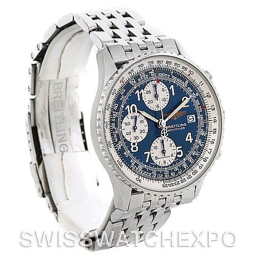 This image shows a Breitling Navitimer A13022 Men's Stainless Steel Blue Dial A13022 Men's Stainless Steel Blue Dial watch from an angled side view, highlighting its blue dial, chronograph subdials, and stainless steel bracelet.