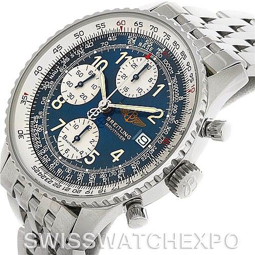 The image shows a Breitling Navitimer A13022 Men's Stainless Steel Blue Dial A13022 Men's Stainless Steel Blue Dial watch at an oblique angle, highlighting its dial, bezel, crown, and bracelet.