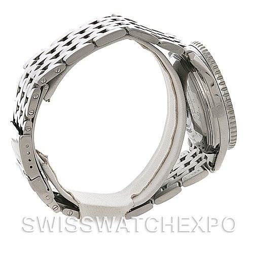 The image shows a side view of a Breitling Navitimer A13022 Men's Stainless Steel Blue Dial A13022 Men's Stainless Steel Blue Dial watch, focusing on its stainless steel bracelet and partially visible case and crown.