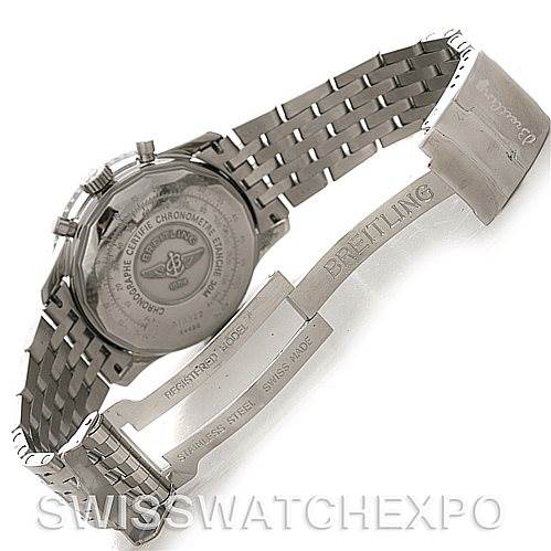 This image shows the back view of a Breitling Navitimer A13022 Men's Stainless Steel Blue Dial A13022 Men's Stainless Steel Blue Dial watch, focusing on its stainless steel bracelet and open clasp.