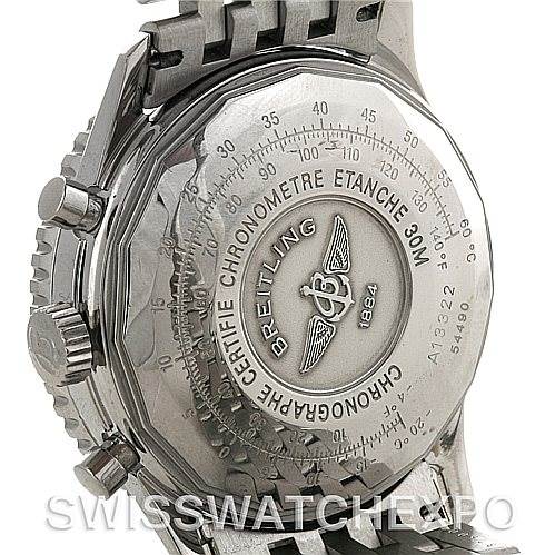 This image shows the case back and part of the bracelet of a Breitling Navitimer A13022 Men's Stainless Steel Blue Dial A13022 Men's Stainless Steel Blue Dial watch, with detailed engravings visible.