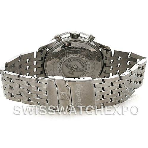 The image shows the back and bracelet of a Breitling Navitimer A13022 Men's Stainless Steel Blue Dial A13022 Men's Stainless Steel Blue Dial watch, viewed from a rear angle.