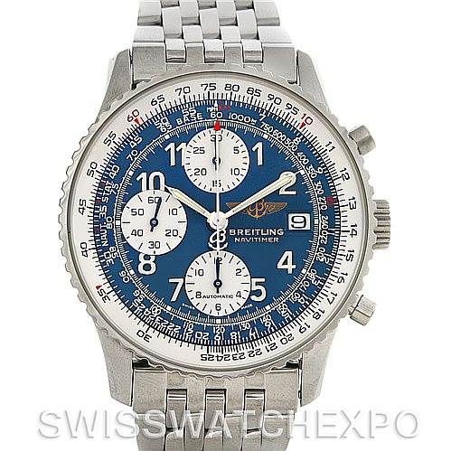 The Breitling Navitimer A13022 Men's Stainless Steel Blue Dial A13022 Men's Stainless Steel Blue Dial watch is shown from a front angle, displaying the blue dial, chronograph subdials, and stainless steel bracelet.