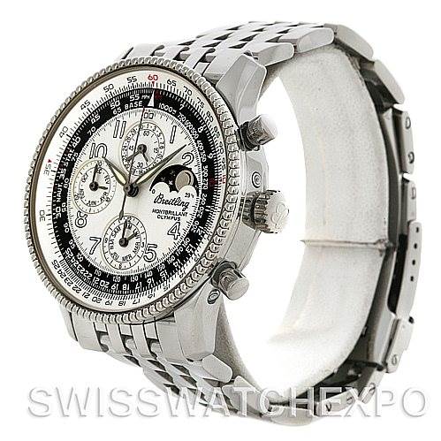This image shows a Breitling Navitimer A19350 Men's Stainless Steel Silver Dial A19350 Men's Stainless Steel Silver Dial watch at an angle highlighting the face, bezel, crown, and stainless steel bracelet.