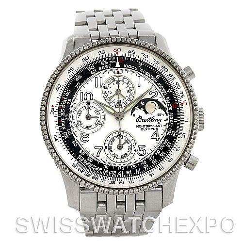 The image shows a front view of a Breitling Navitimer A19350 Men's Stainless Steel Silver Dial A19350 Men's Stainless Steel Silver Dial Montbrillant Olympus watch with a silver bracelet and detailed dial.