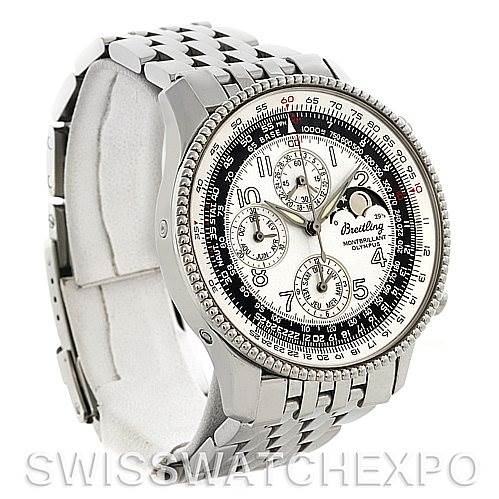 This image shows a front angle view of the Breitling Navitimer A19350 Men's Stainless Steel Silver Dial A19350 Men's Stainless Steel Silver Dial watch, displaying its dial, bezel, and metal bracelet.