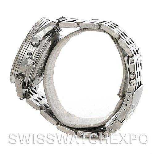 The image shows a side view of the Breitling Navitimer A19350 Men's Stainless Steel Silver Dial A19350 Men's Stainless Steel Silver Dial, highlighting its case, bezel, and metal bracelet.