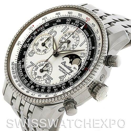 The image shows a Breitling Navitimer A19350 Men's Stainless Steel Silver Dial A19350 Men's Stainless Steel Silver Dial watch from an angled front view, highlighting the dial, bezel, crown, and pushers.