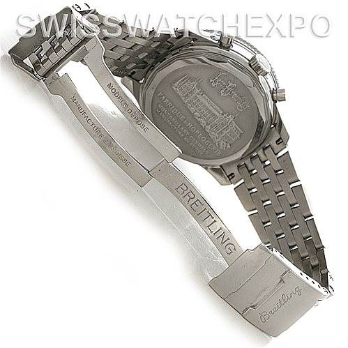 The image shows the open clasp and engraved case back of a Breitling Navitimer A19350 Men's Stainless Steel Silver Dial A19350 Men's Stainless Steel Silver Dial watch.