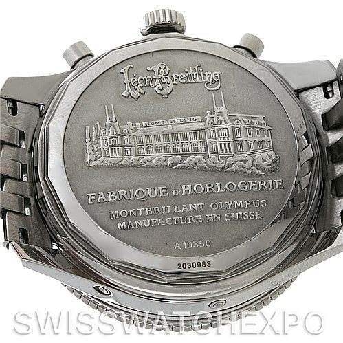 The image displays the back of a Breitling Navitimer A19350 Men's Stainless Steel Silver Dial A19350 Men's Stainless Steel Silver Dial watch, highlighting the engraved logo, building image, and text details.