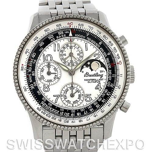 The image shows a front view of a Breitling Navitimer A19350 Men's Stainless Steel Silver Dial A19350 Men's Stainless Steel Silver Dial Montbrillant Olympus watch, displaying its dial and stainless steel bracelet.