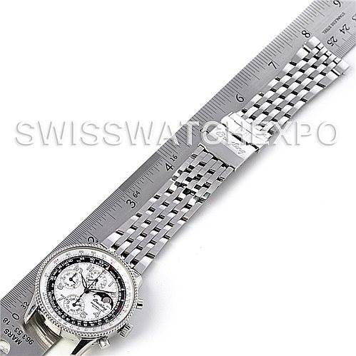 The image shows the Breitling Navitimer A19350 Men's Stainless Steel Silver Dial A19350 Men's Stainless Steel Silver Dial watch laid flat, measured against a ruler, focusing on its dial and bracelet.