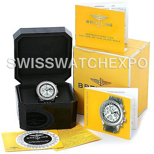 The image shows a Breitling Navitimer A19350 Men's Stainless Steel Silver Dial A19350 Men's Stainless Steel Silver Dial watch in a black display box, alongside various manuals and packaging.