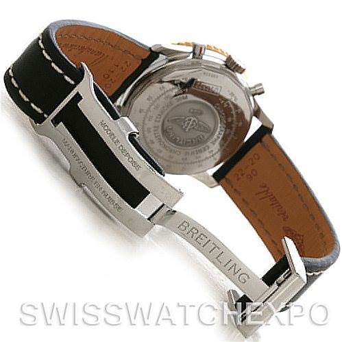 The image shows the back of a Breitling Navitimer D22322 Men
s Stainless Steel White Dial D22322 Men
s Stainless Steel White Dial watch, highlighting the strap and the watch
s clasp with the Breitling logo visible.