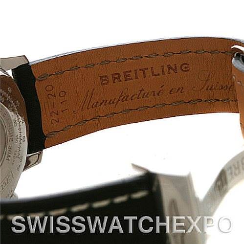 This image shows the back side of the leather strap and part of the case of a Breitling Navitimer D22322 Men
s Stainless Steel White Dial D22322 Men
s Stainless Steel White Dial watch.