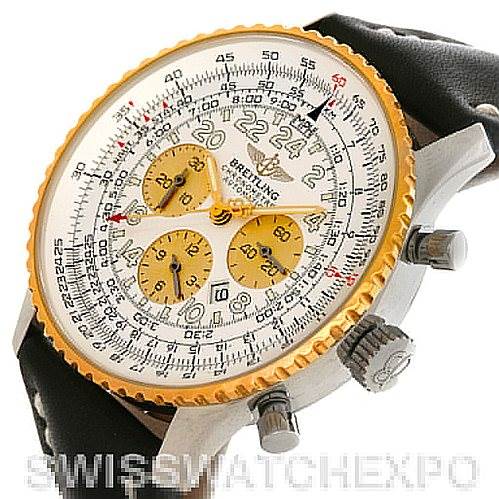 The Breitling Navitimer D22322 Men
s Stainless Steel White Dial D22322 Men
s Stainless Steel White Dial watch is shown at an oblique angle displaying the dial, gold bezel, and crown with pushers.