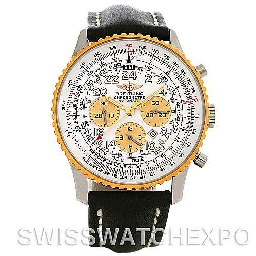 This image shows a front view of the Breitling Navitimer D22322 Men
s Stainless Steel White Dial D22322 Men
s Stainless Steel White Dial watch, highlighting the detailed face and black leather strap.