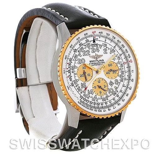 This Breitling Navitimer D22322 Men
s Stainless Steel White Dial D22322 Men
s Stainless Steel White Dial watch is shown at a slight angle displaying its face, bezel, and black leather strap with white stitching.