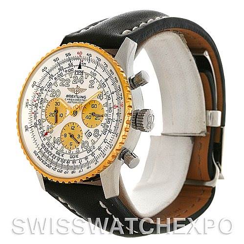 This image shows a side angle of a Breitling Navitimer D22322 Men
s Stainless Steel White Dial D22322 Men
s Stainless Steel White Dial watch, highlighting the face, bezel, buttons, and leather strap.