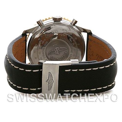 The image shows the back view of a Breitling Navitimer D22322 Men
s Stainless Steel White Dial D22322 Men
s Stainless Steel White Dial watch, focusing on the case back and the leather strap with a clasp.