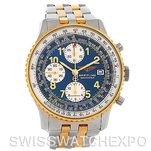 The image shows a front view of a Breitling Navitimer D13022 Men
s Stainless Steel Blue Dial D13022 Men
s Stainless Steel Blue Dial watch, displaying its blue dial, gold bezel, and stainless steel and gold bracelet.