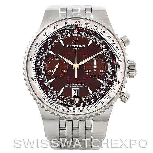 This image shows a front view of the Breitling Navitimer A2334021/Q548 Men
s Stainless Steel Brown Dial A2334021/Q548 Men
s Stainless Steel Brown Dial watch, displaying its dial, chronograph subdials, and stainless steel bracelet.