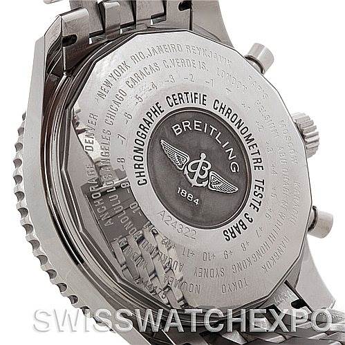 The image shows the back case and part of the bracelet of a Breitling Navitimer A24322 Men's Stainless Steel Blue Dial A24322 Men's Stainless Steel Blue Dial watch, with engravings and branding visible.