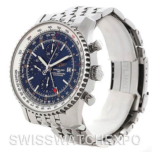 This image shows a Breitling Navitimer A24322 Men's Stainless Steel Blue Dial A24322 Men's Stainless Steel Blue Dial watch at an angle highlighting the face, crown, pushers, and part of the bracelet.